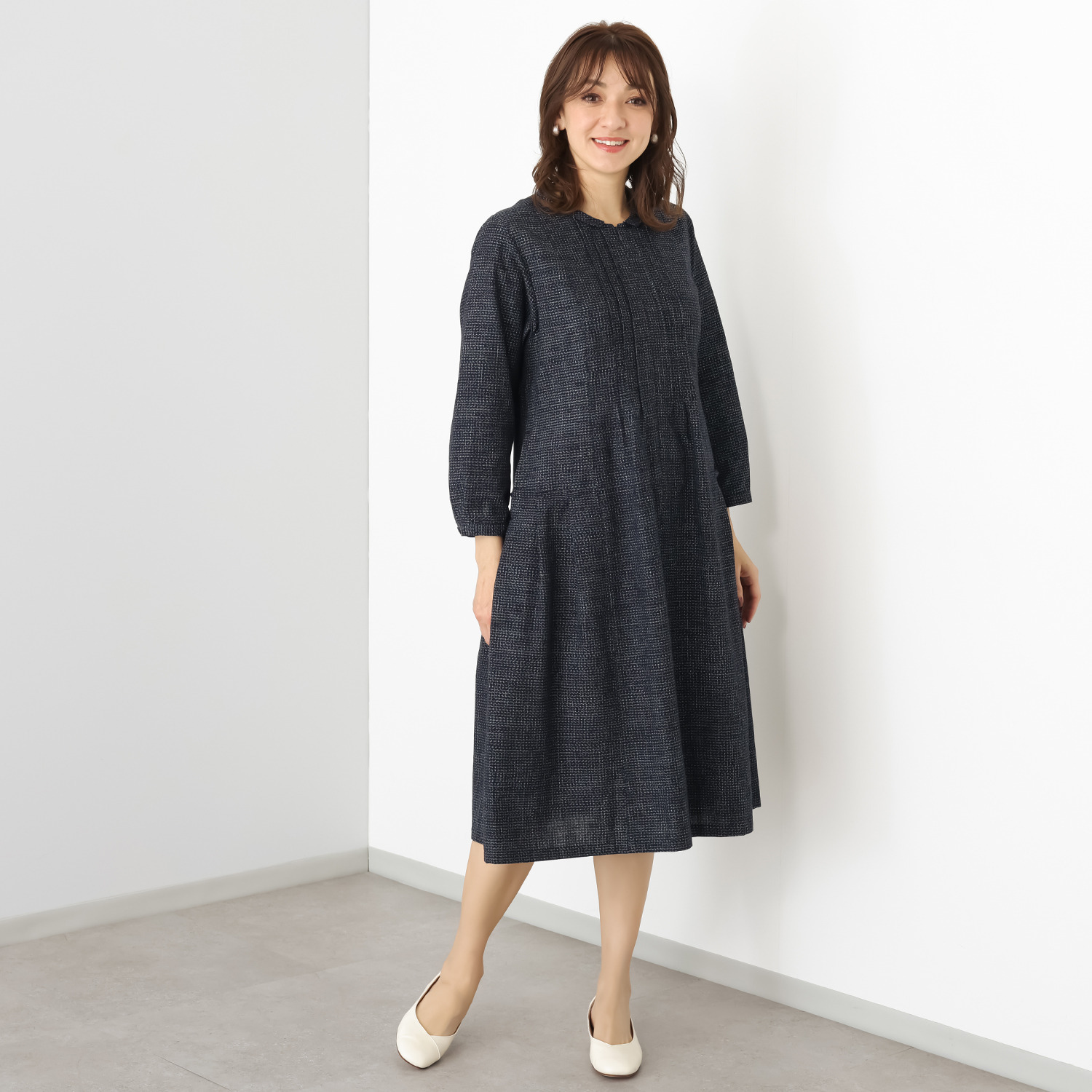 オカモト商店 儀右ヱ門 久留米かすり タックワンピース