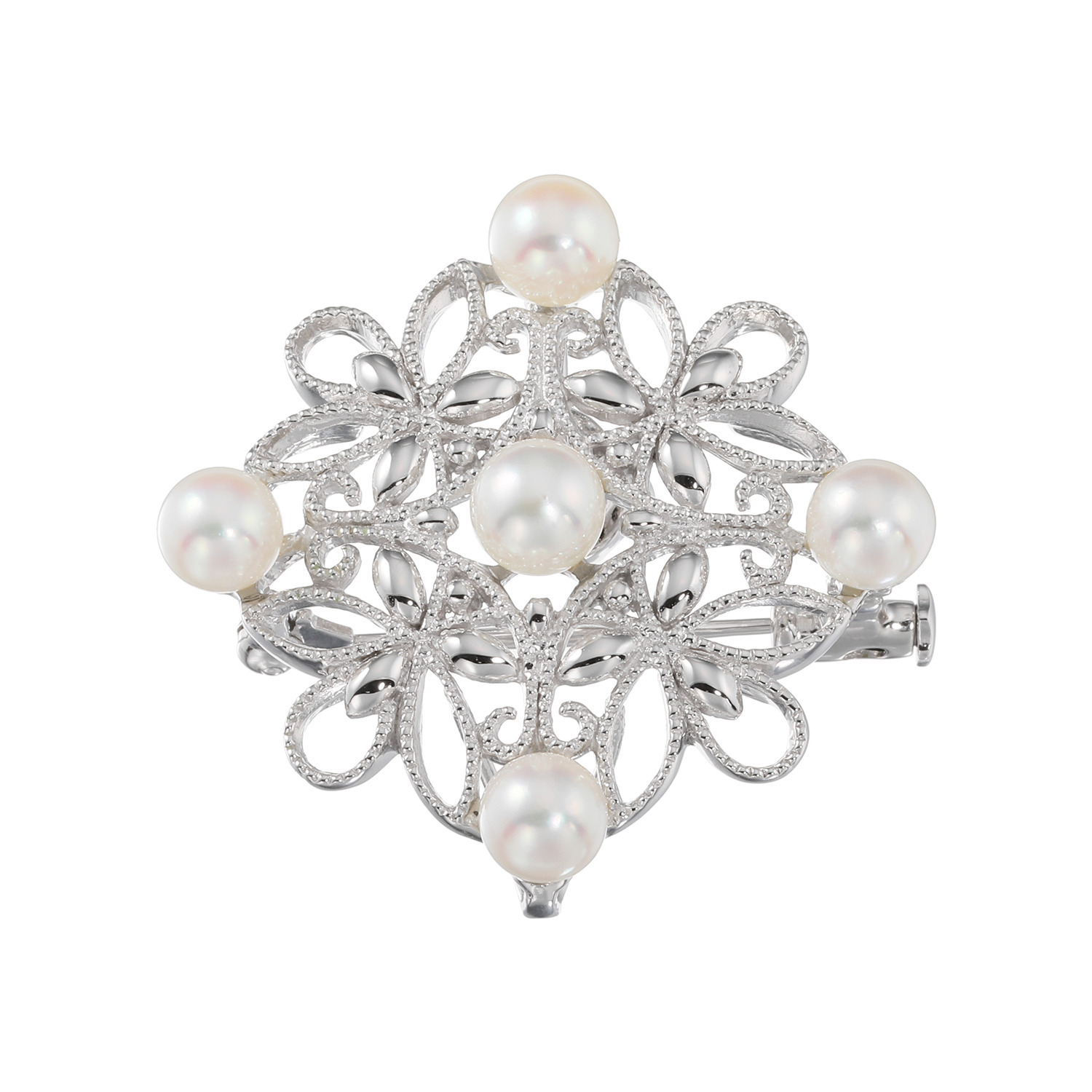 ゆきほたる シルバー 長崎県対馬産 無調色越物アコヤパール スクエアレース ペンダントブローチ