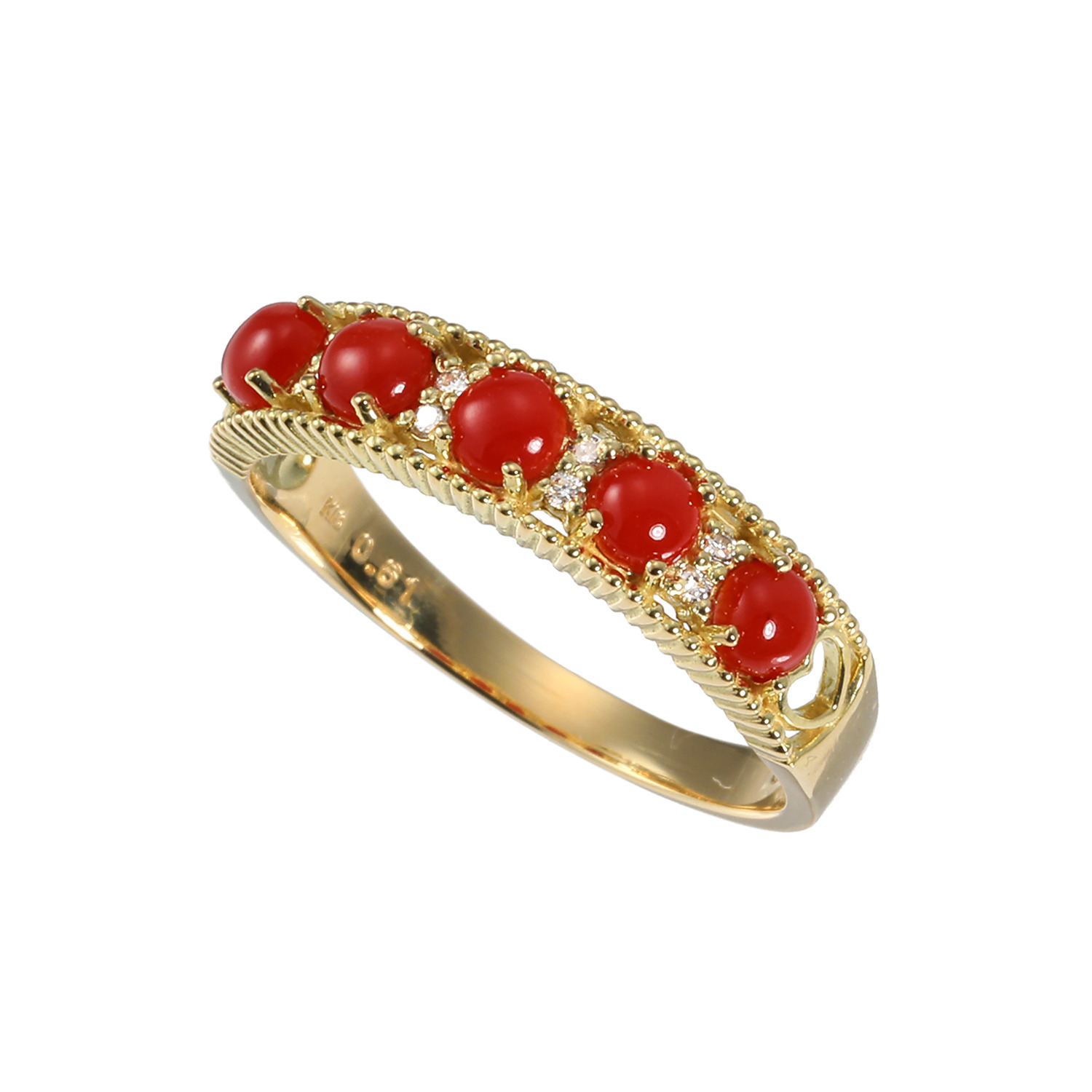 香瑚 18K 高知県産血赤珊瑚＆ ダイヤモンド ラウンドカボション