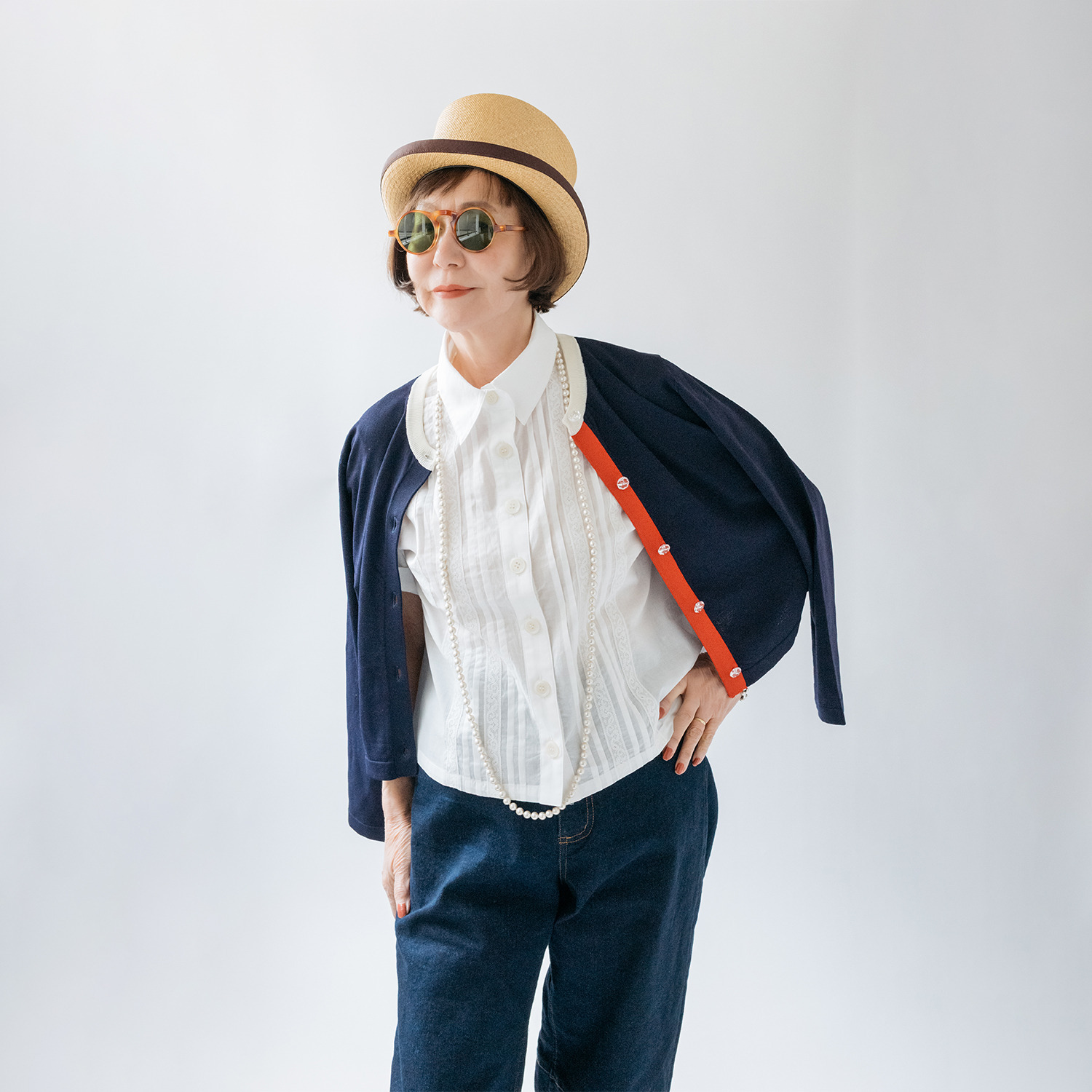 エムジェイアール　バイ マチコ　ジント　ロンドン 配色アクセント ビジュウボタン ドライタッチカーディガン