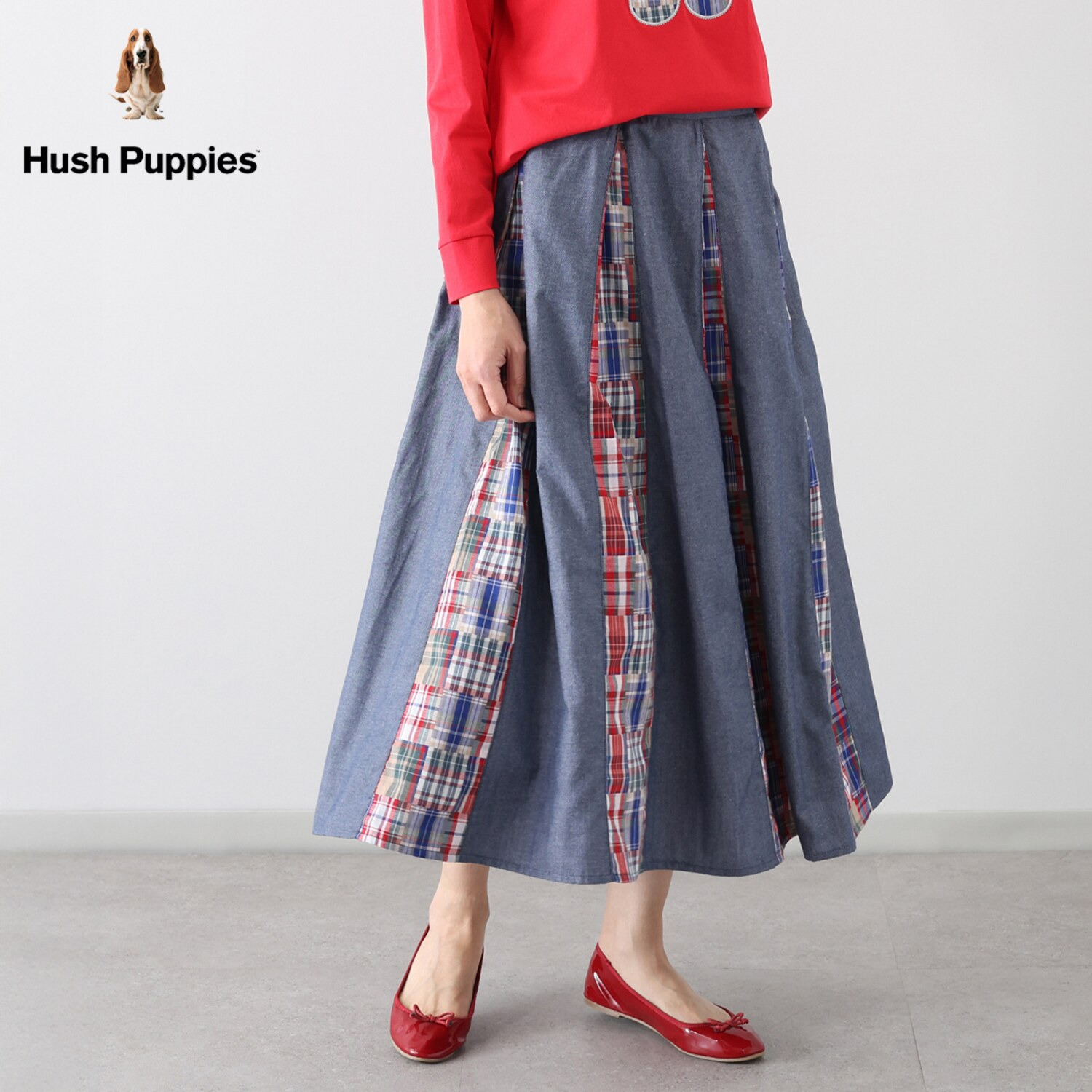 ハッシュパピー パッチワーク切替 プリーツスカート