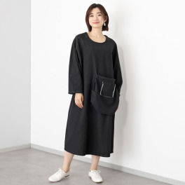 ベルデニム ウォッシュ加工入り デザインポケット付 ゆったり デニムワンピース
