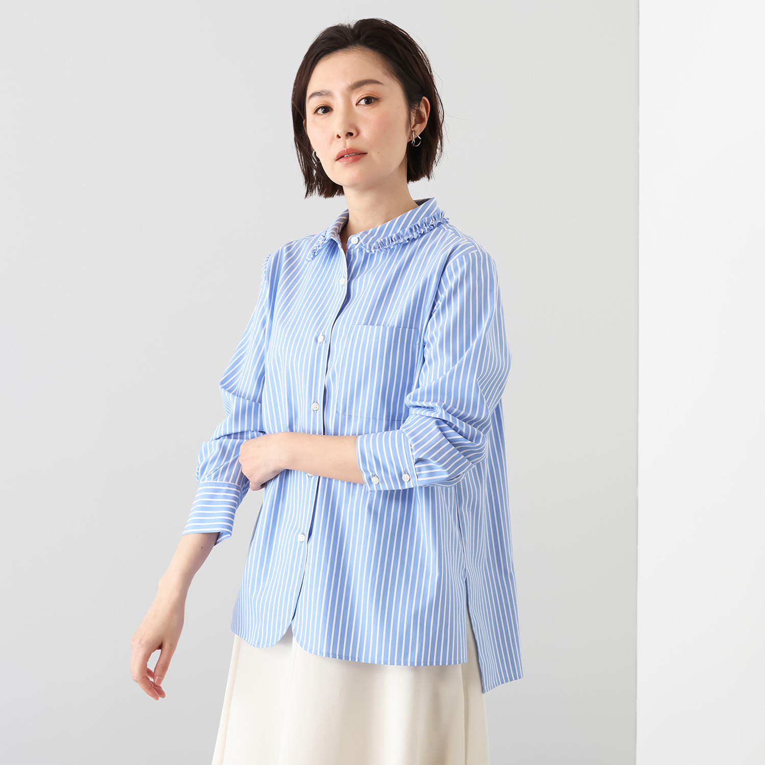 イフェメル／ ダブルフェーストーキョー 日本製 綿オックス フリル襟 ビッグシャツ