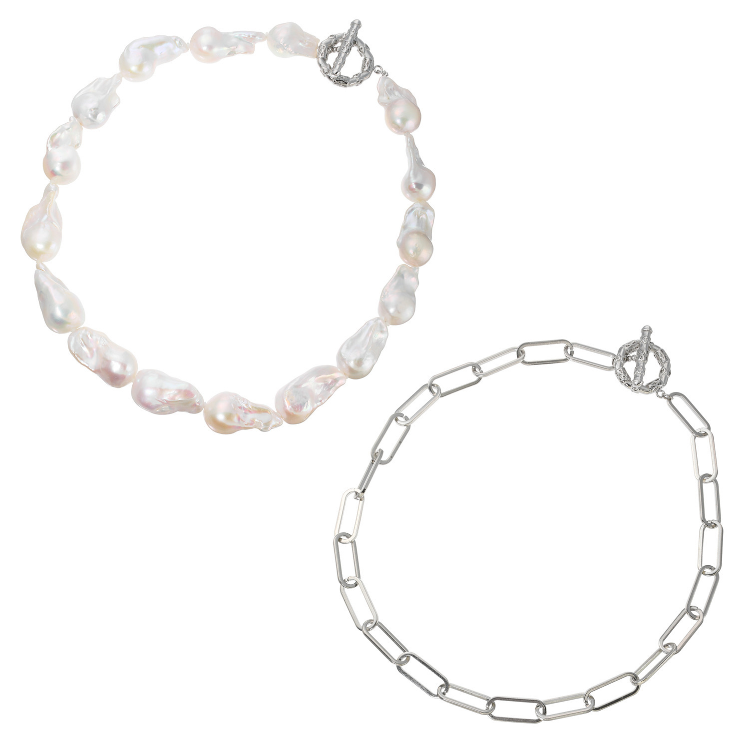 大粒淡水バロックパール＆ ステンレスチェーン ネックレス２本セット