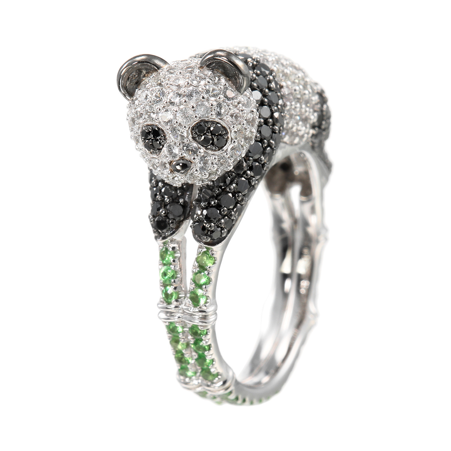 ビジューフルレゾン コローレ プラチナ９００ ブラックダイヤモンド＆ ホワイトサファイア＆ グリーンガーネット プレイングパンダリング