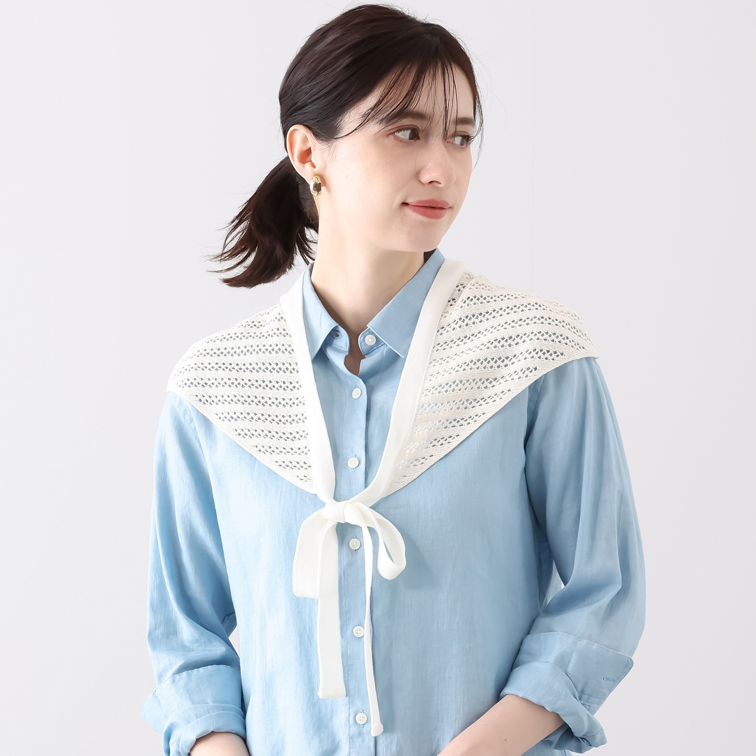 ベル・モード 日本製 綿混スクエアレースの 三角ニットストール