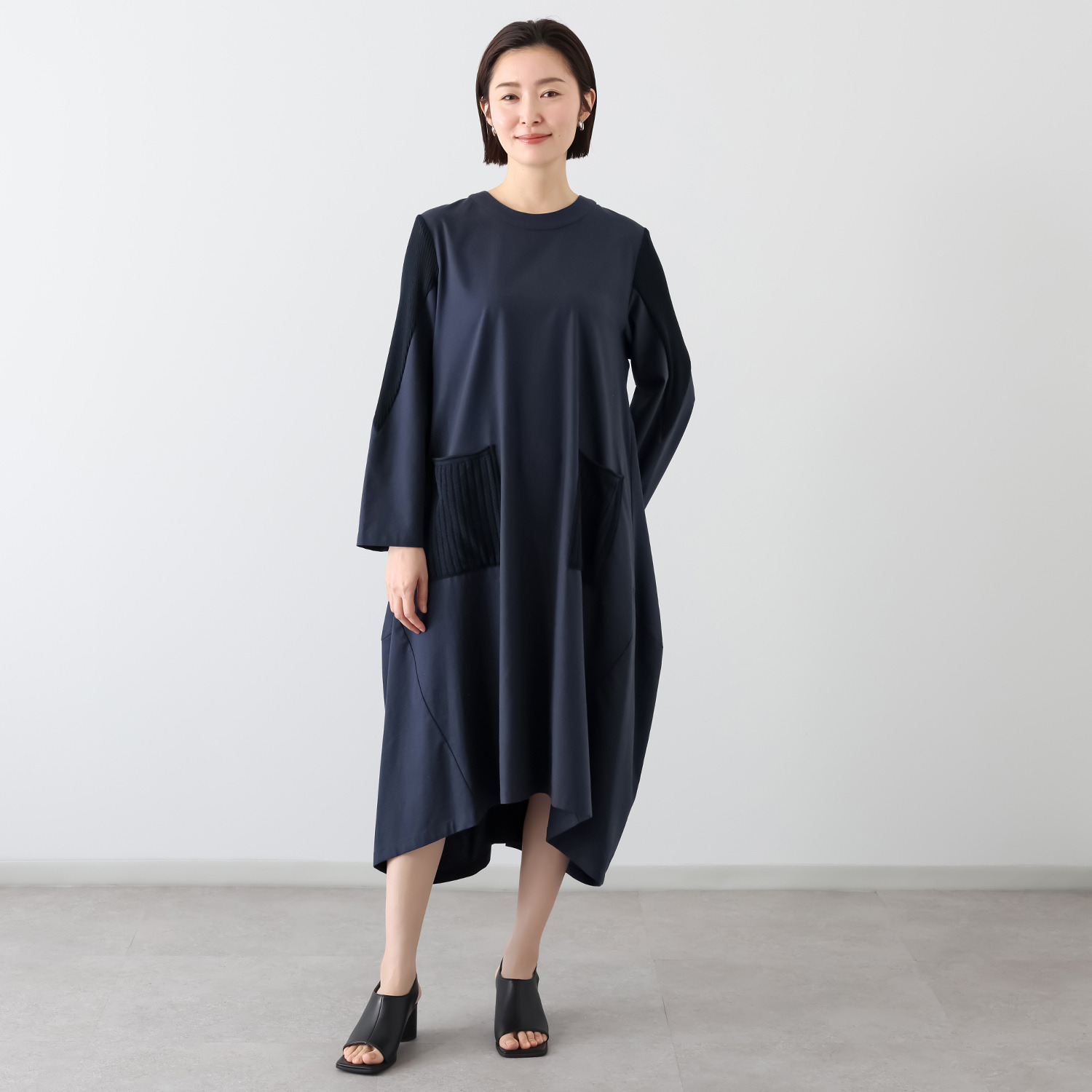 プラスエム 麻混素材 デザインワンピース