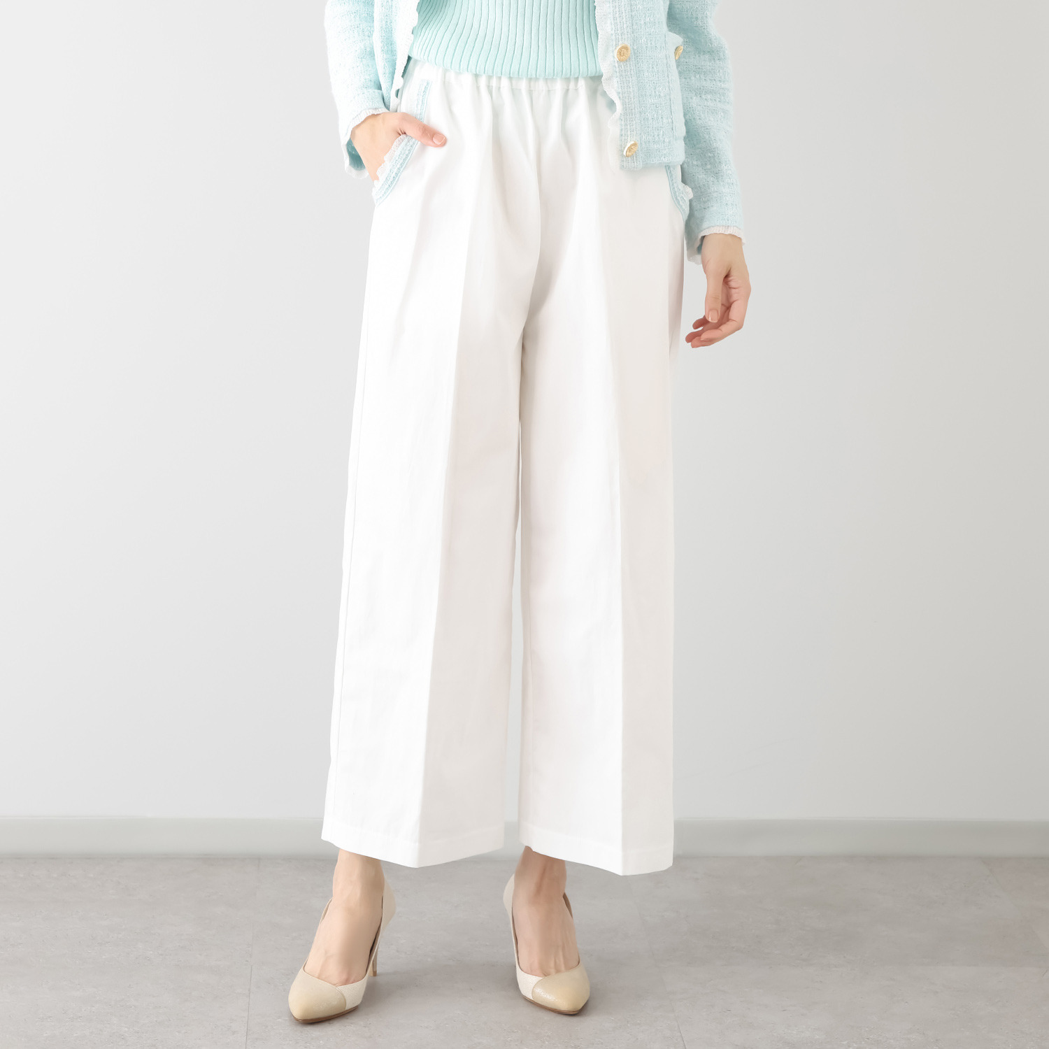 マルティジャーニ 日本製　匠の技 コットンリネン 部分ツイードジャガード ワイドパンツ