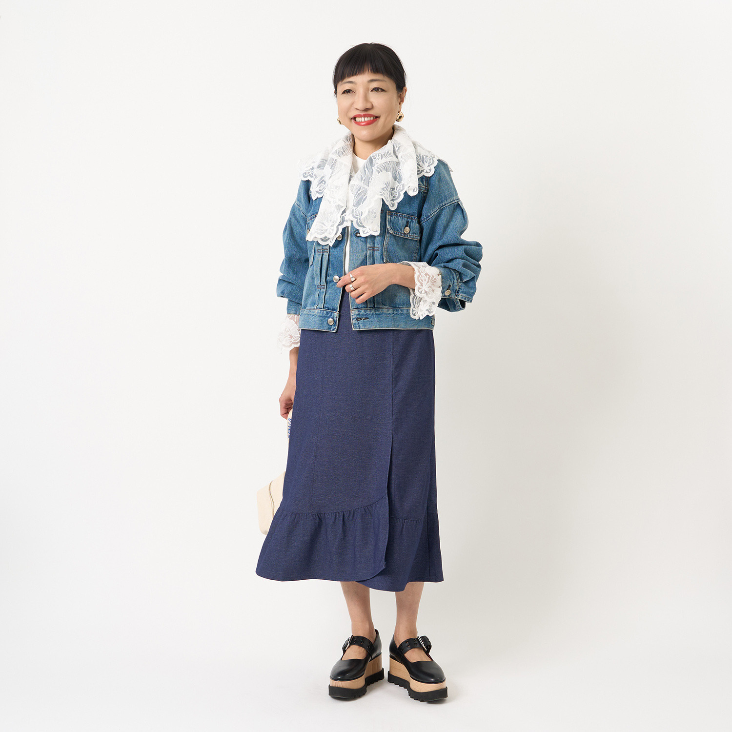 ミューリエ デニム見えで品良く旬顔 ラップ風 マーメイドスカート