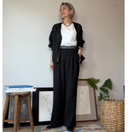 ラ　ヴァーグ　デトワール さらりとした麻のような 清涼感ある素材 大人のワイドシルエット ウエストバイカラー リラックスパンツ