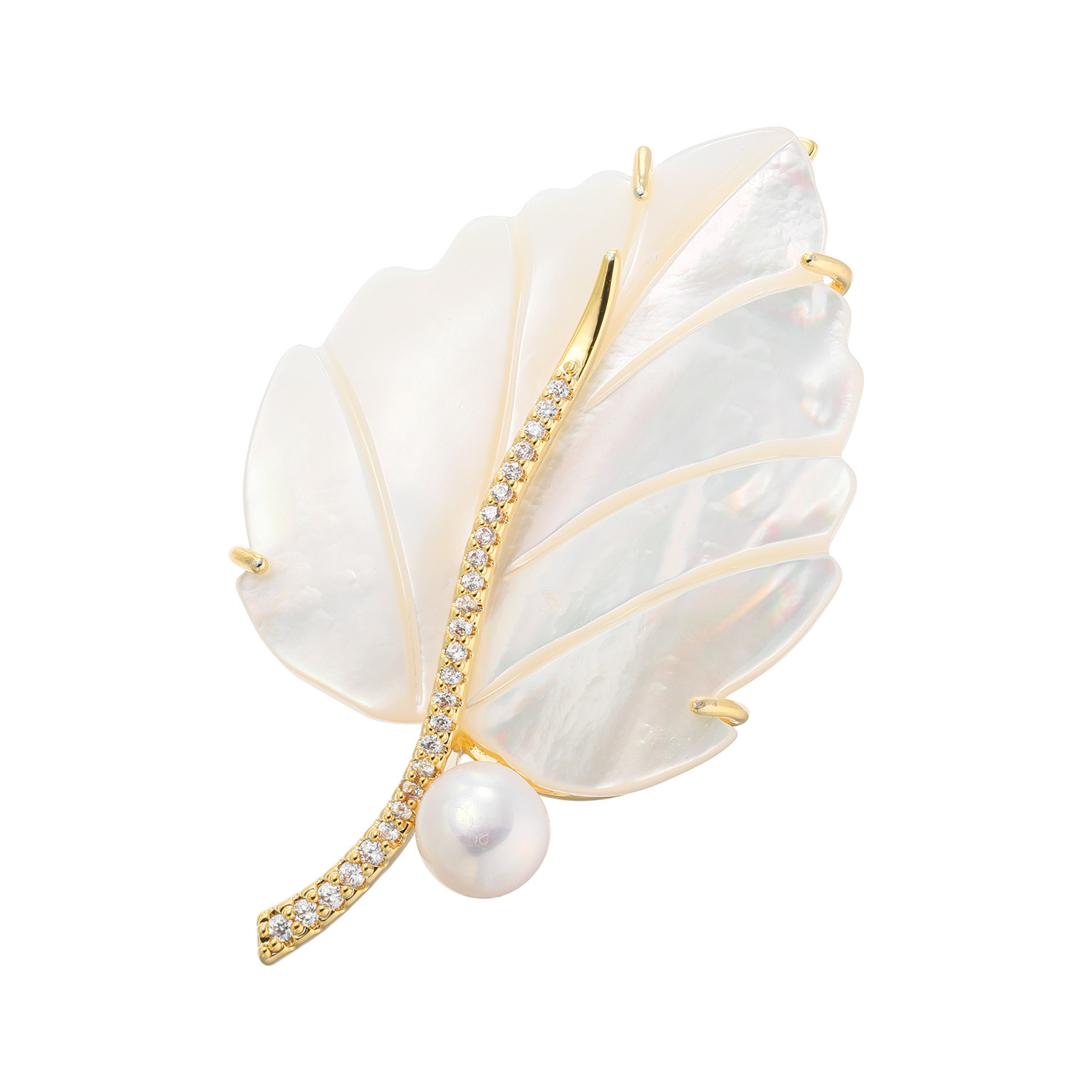 キラキラギフト バイ　アビステ シェル＆ 淡水パール＆ビジュウ リーフモティーフ ペンダントブローチ