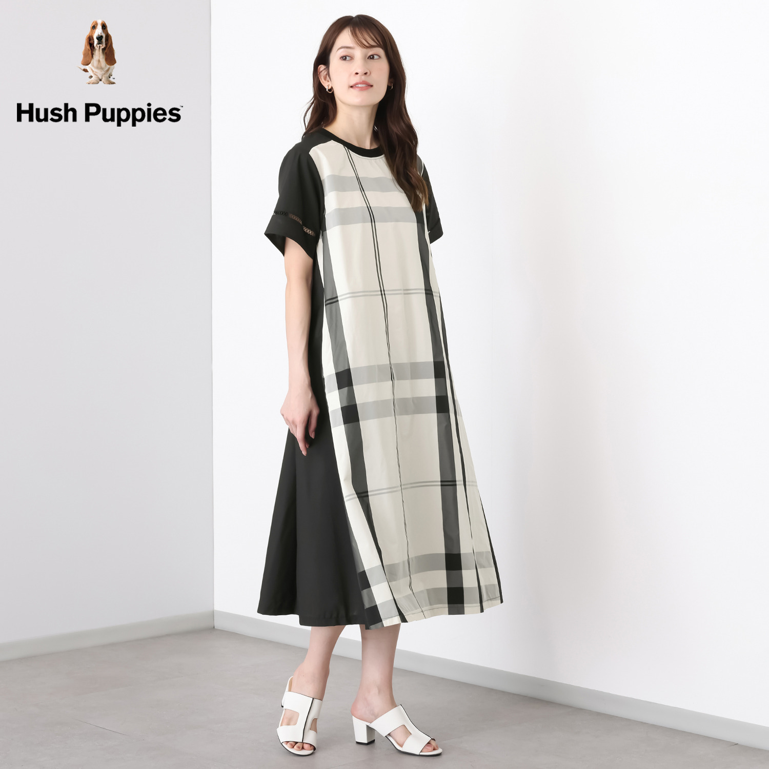 ハッシュパピー ３種類の異素材切替 ワンピース