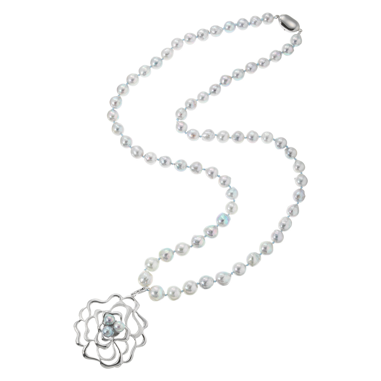 海蛍 長崎県対馬産 無調色ブルーグレー 越物アコヤパール フラワーモティーフ オールノット ロングペンダント