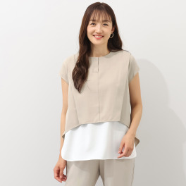 マイジュジュ 一枚で決まる！ リネンライク素材 タックアクセント レイヤードトップス