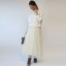 フーア ドットチュールレース ティアード切替 ロングスカート