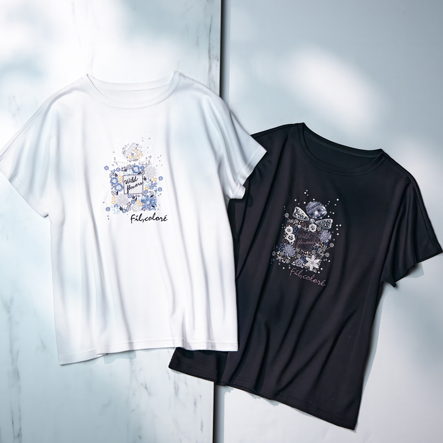 フィル・クロレ 日本製 リヨセルコットン サガラ刺しゅう 香水瓶柄Ｔシャツ
