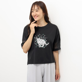 ダジュール ねこプリント 切替オーガンジー プルオーバー