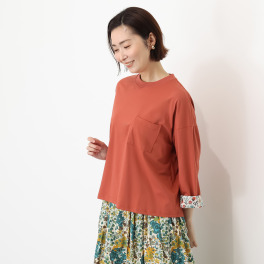 ソソット ソロナ（Ｒ）配合 コットン混 袖裏リバティプリント 八分袖Ｔシャツ