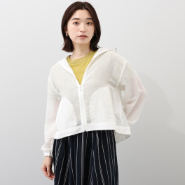 ラヴィーコンフォート 麻混メッシュ＆シアー 異素材ミックス パイピングアクセント フーディーブルゾン