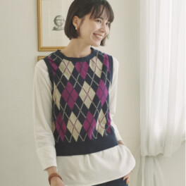 亀　恭子セレクト！ マルティジャーニ 日本製 コンパクトコットン アーガイルジャガード ニットジレ