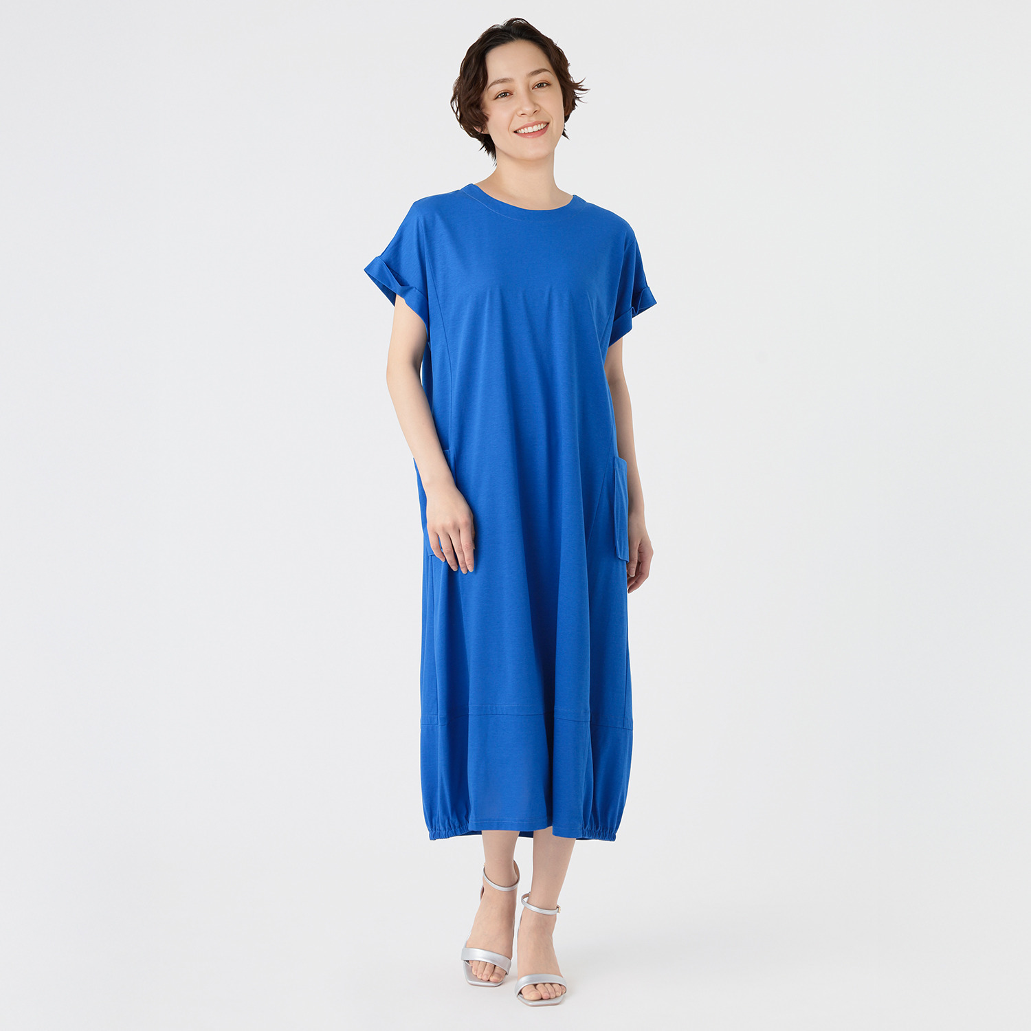 【美品】セオリーリュクス コクーンシルエットワンピース ストレッチとろみ素材 紺 アリュメット サイドポケット コクーンワンピース- ショップチャンネル