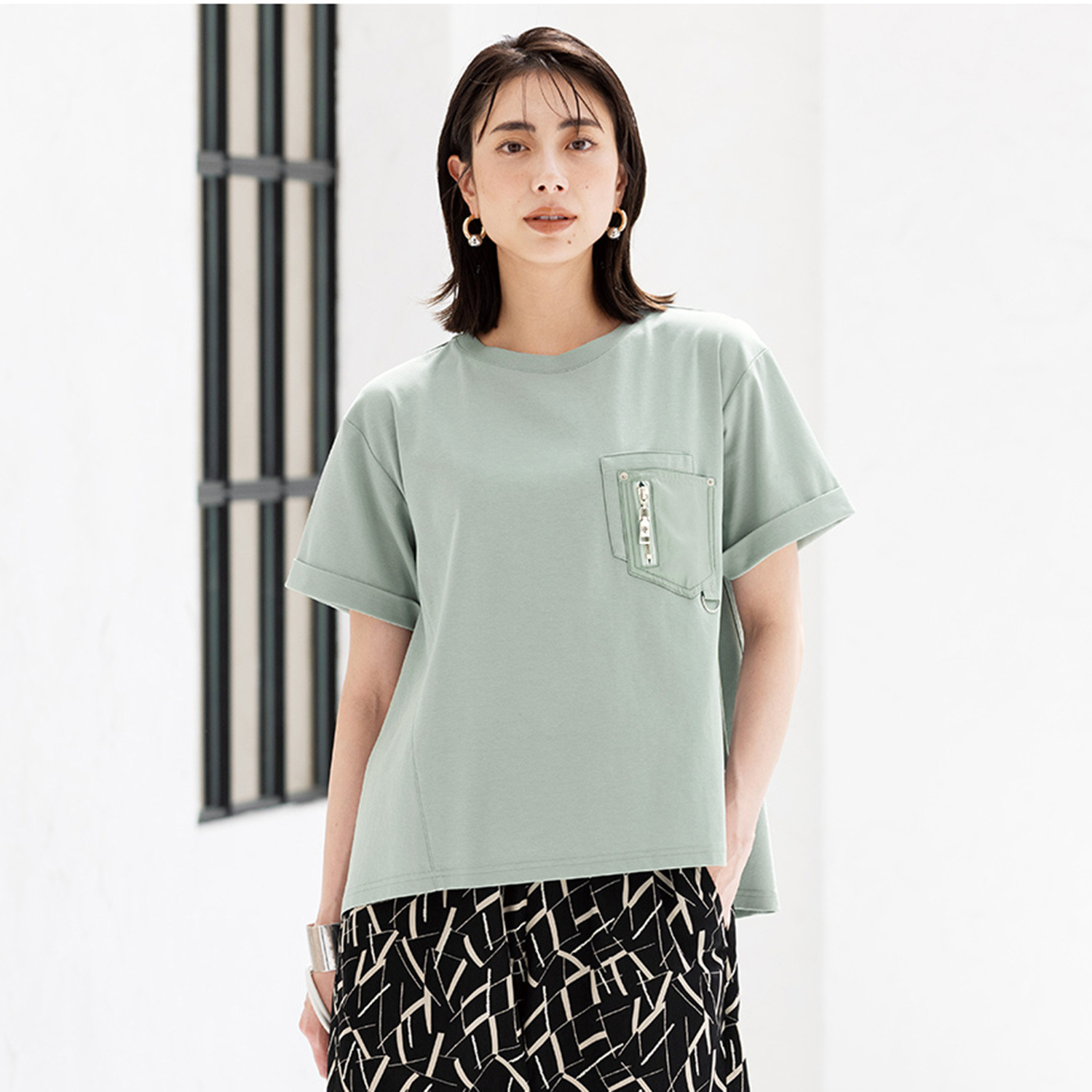 ヘブンアンドアース 接触冷感・ＵＶカット 異素材使い ポケット付Ｔシャツ