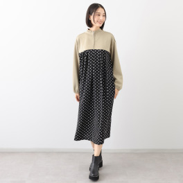 アリュメット ハーフジップ ドット柄 切替ワンピース