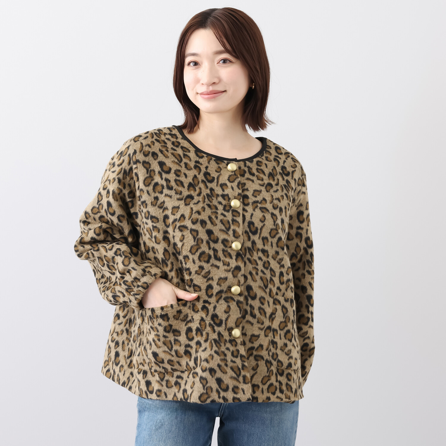元町ゼラール レオパード柄 シャギー ノーカラーブルゾン- ショップ 